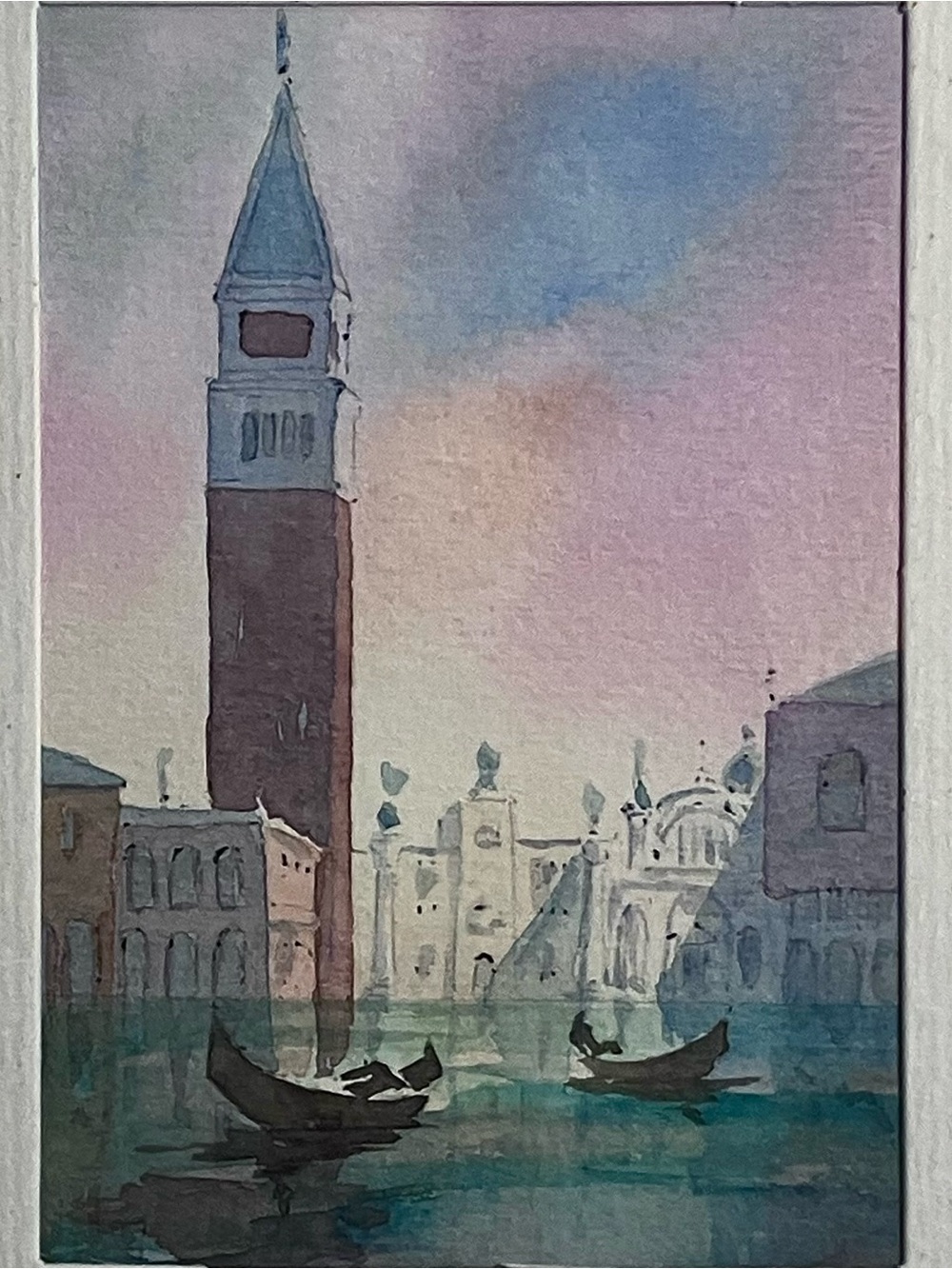 Vintage VENICE WATERCOLOR Miniature / St. Mark’s Bell Tower & GONDOLAS / Claudio